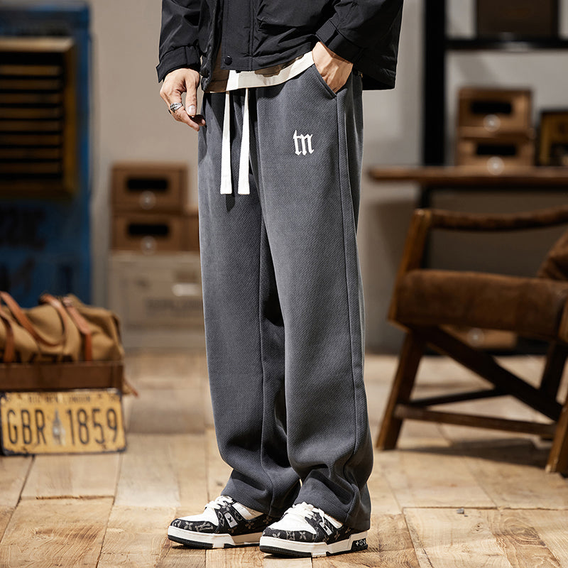 美式寬松衛褲男士垂感直筒長褲針織刺繡休閑褲