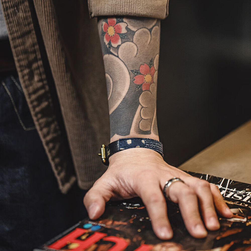 復古boro百家布拼接手環黃銅頭層植鞣牛皮手镯配飾品