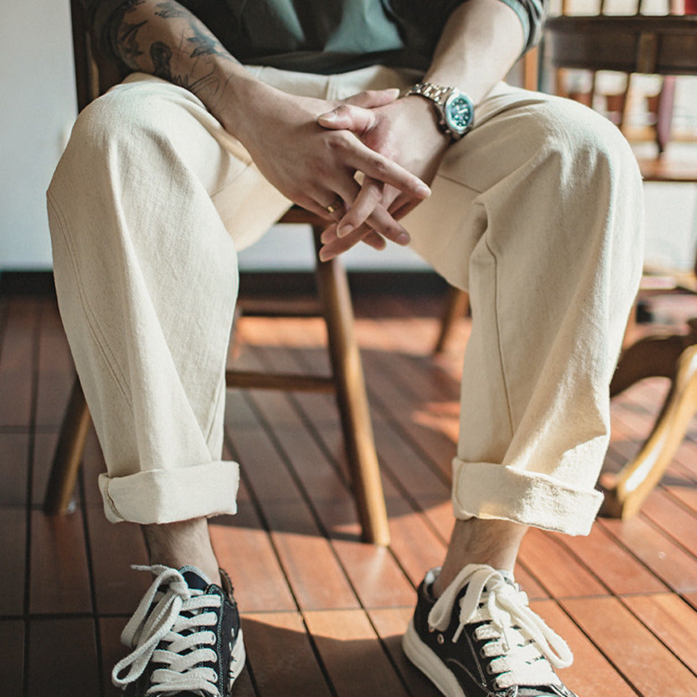 復古棉籽殼米白色牛仔褲寬松直筒工裝休閑長褲