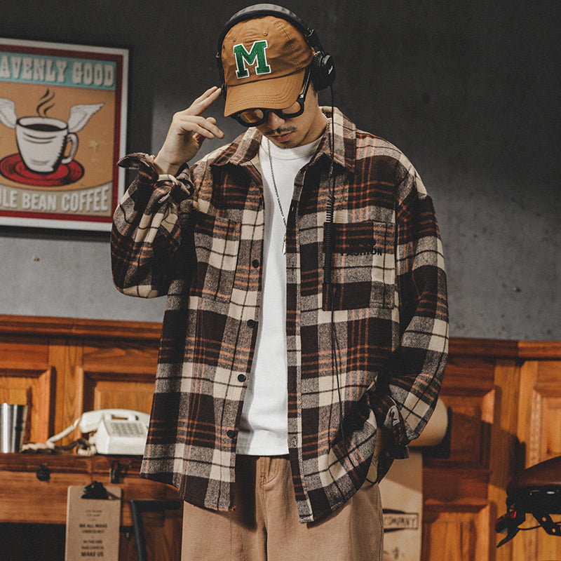 美式復古格子襯衫男士春秋季潮牌寬松休閑秋冬厚款長袖襯衣外套男