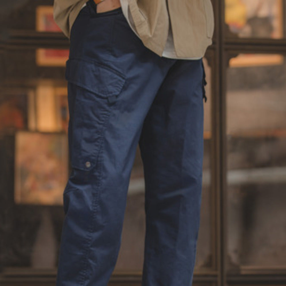 美式彎刀大口袋立體剪裁束腳褲抽繩軍綠色九分褲