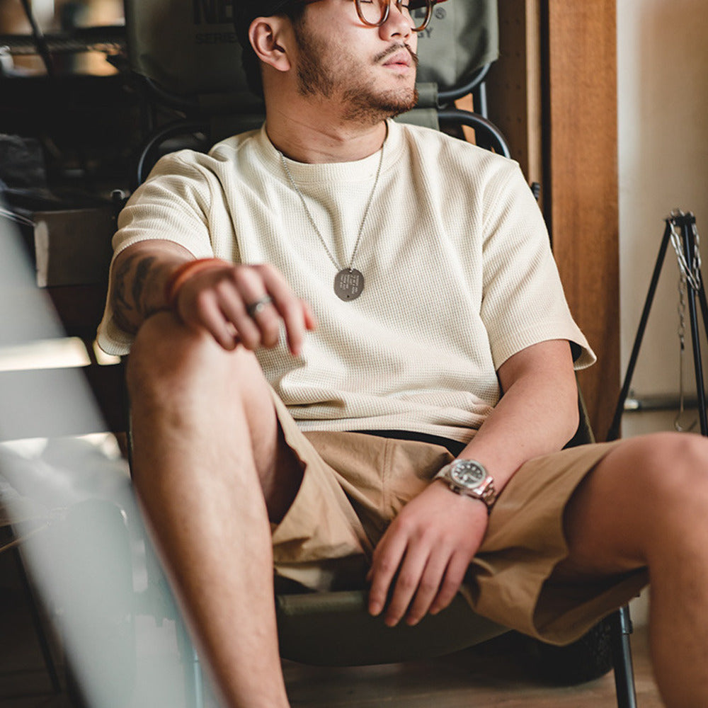 美式復古250g華夫格圓領針織短袖T恤半袖打底衫