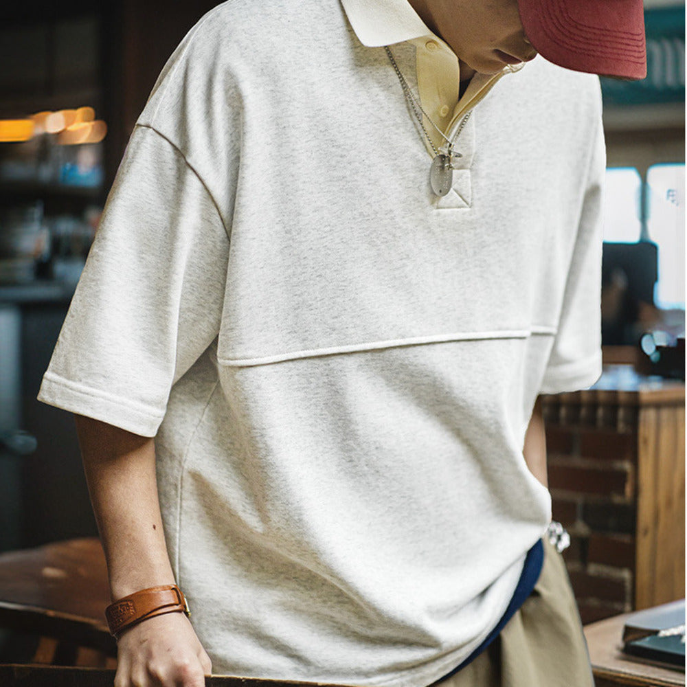 美式復古針織短袖polo衫cleanfit翻領五分袖T恤男夏