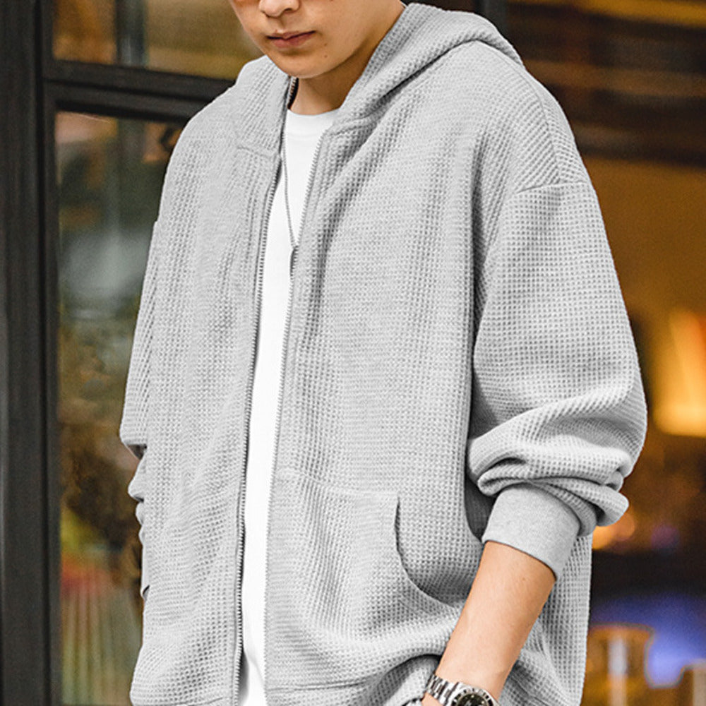 復古灰色連帽華夫格衛衣慵懶開衫運動外套針織衫