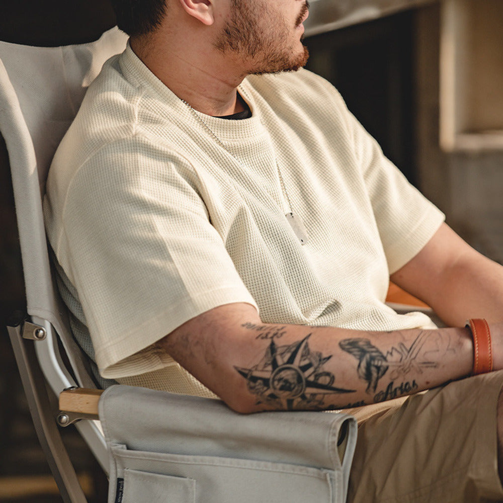 美式復古250g華夫格圓領針織短袖T恤半袖打底衫