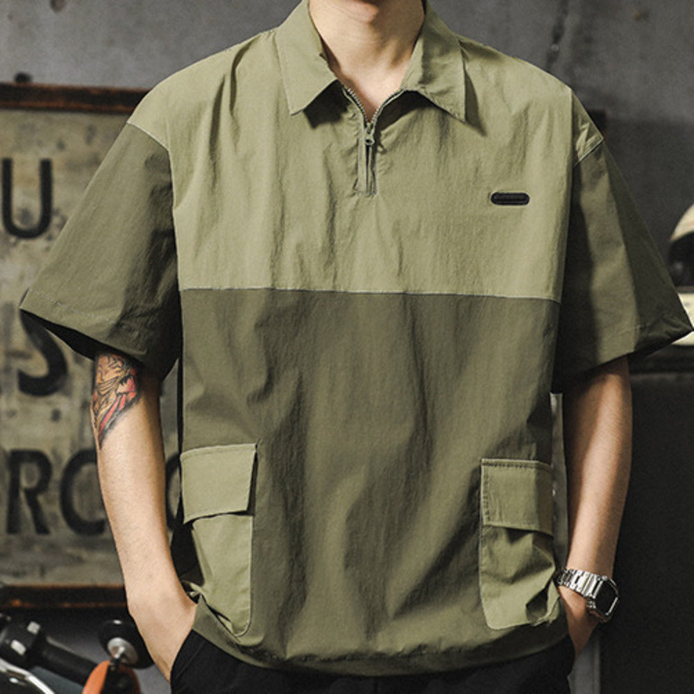 美式休閑速幹男t恤夏天薄款冰絲短袖拼色polo衫潮牌工裝襯衫體恤