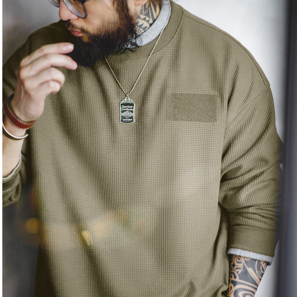 美式休閑華夫格長袖魔術貼疊穿衛衣