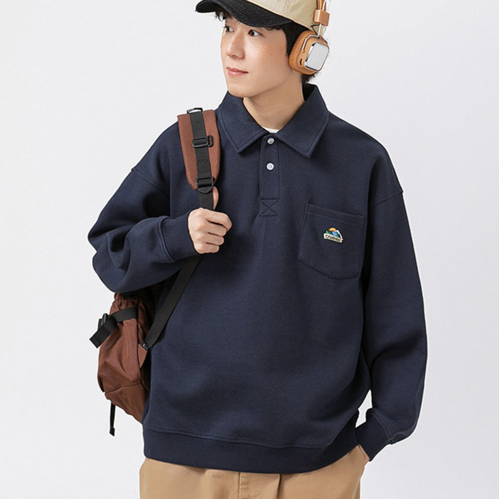 春秋季簡約袖標POLO衫男潮牌ins寬松上衣新款翻領衛衣