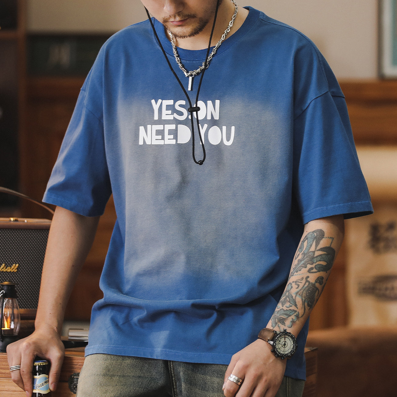 美式純棉圓領短袖t恤夏季潮牌水洗寬松大碼