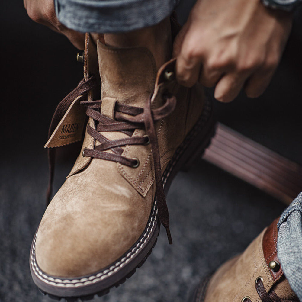 秋季新款美式工裝靴男復古中幫真皮馬丁靴戶外沙漠靴