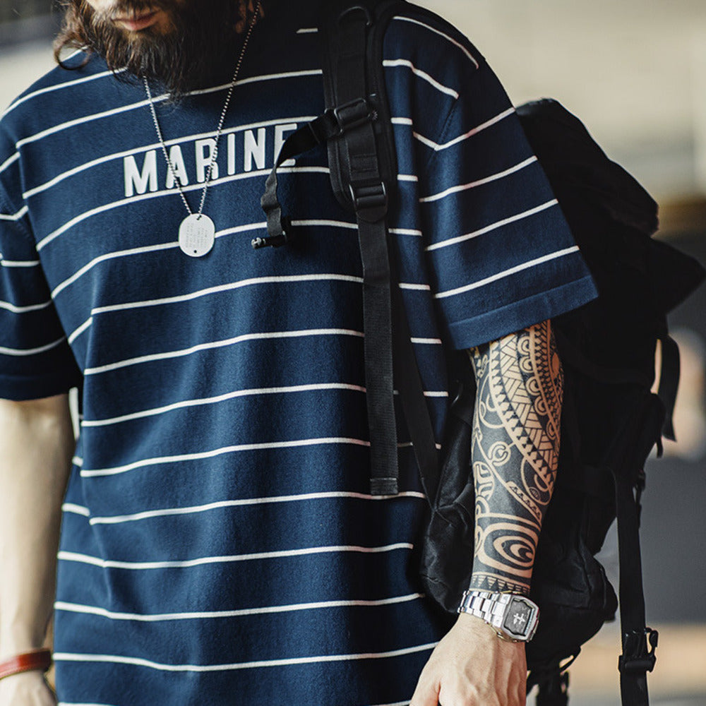 美式復古撞色條紋短袖T恤字母印花半袖海魂衫體恤男夏季