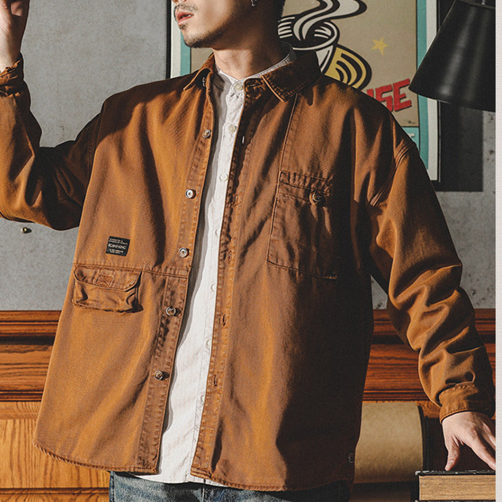 美式復古牛仔襯衫男長袖春季寬松休閑廓形工裝襯衣男寸衫外套
