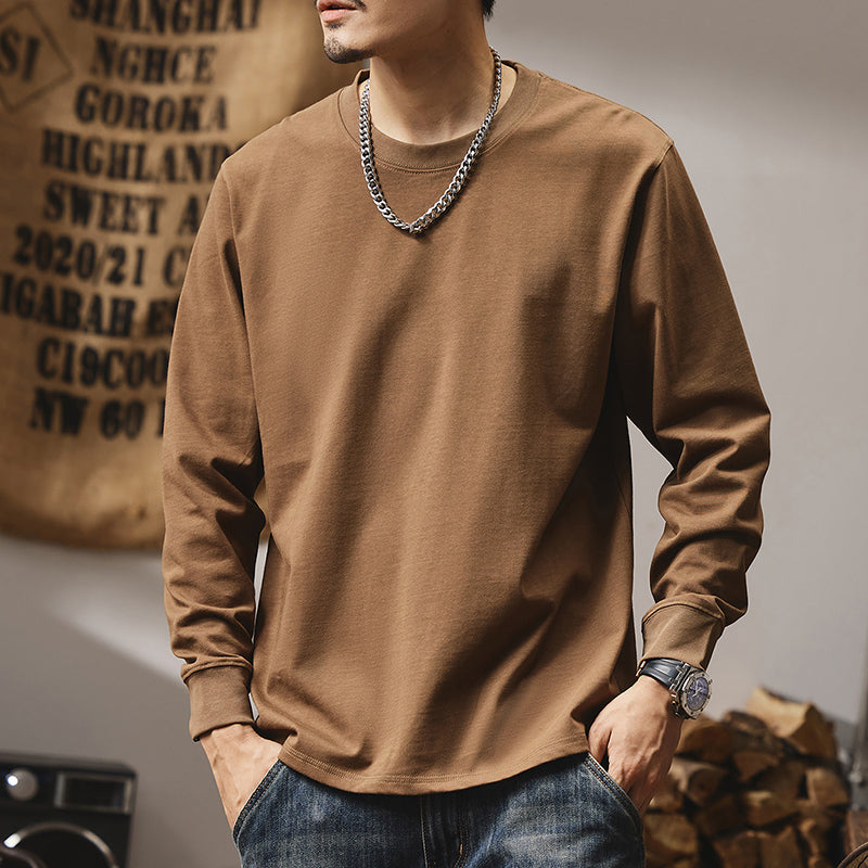 280G雙紗棉長袖t恤男款春秋美式復古衛衣寬松白色打底衫