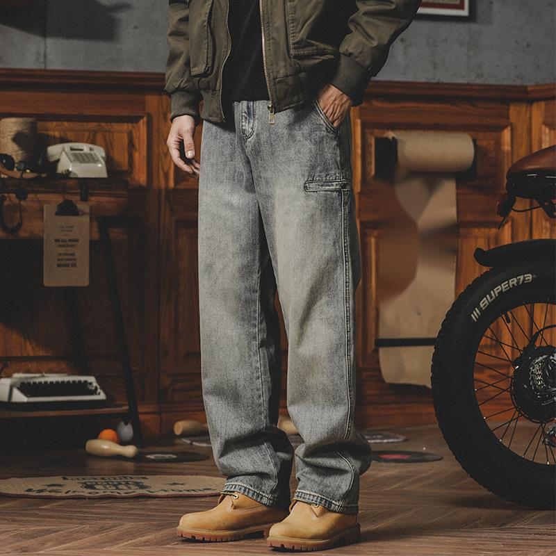 美式黃泥染牛仔褲男水洗做舊直筒寬松大碼闊腿褲休閑工裝褲子