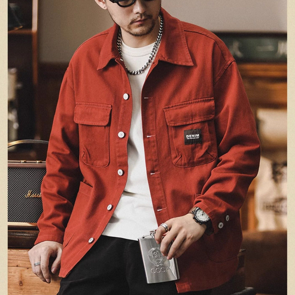 新款美式復古工裝夾克外套男寬松休閑大碼2024多口袋男裝襯衫