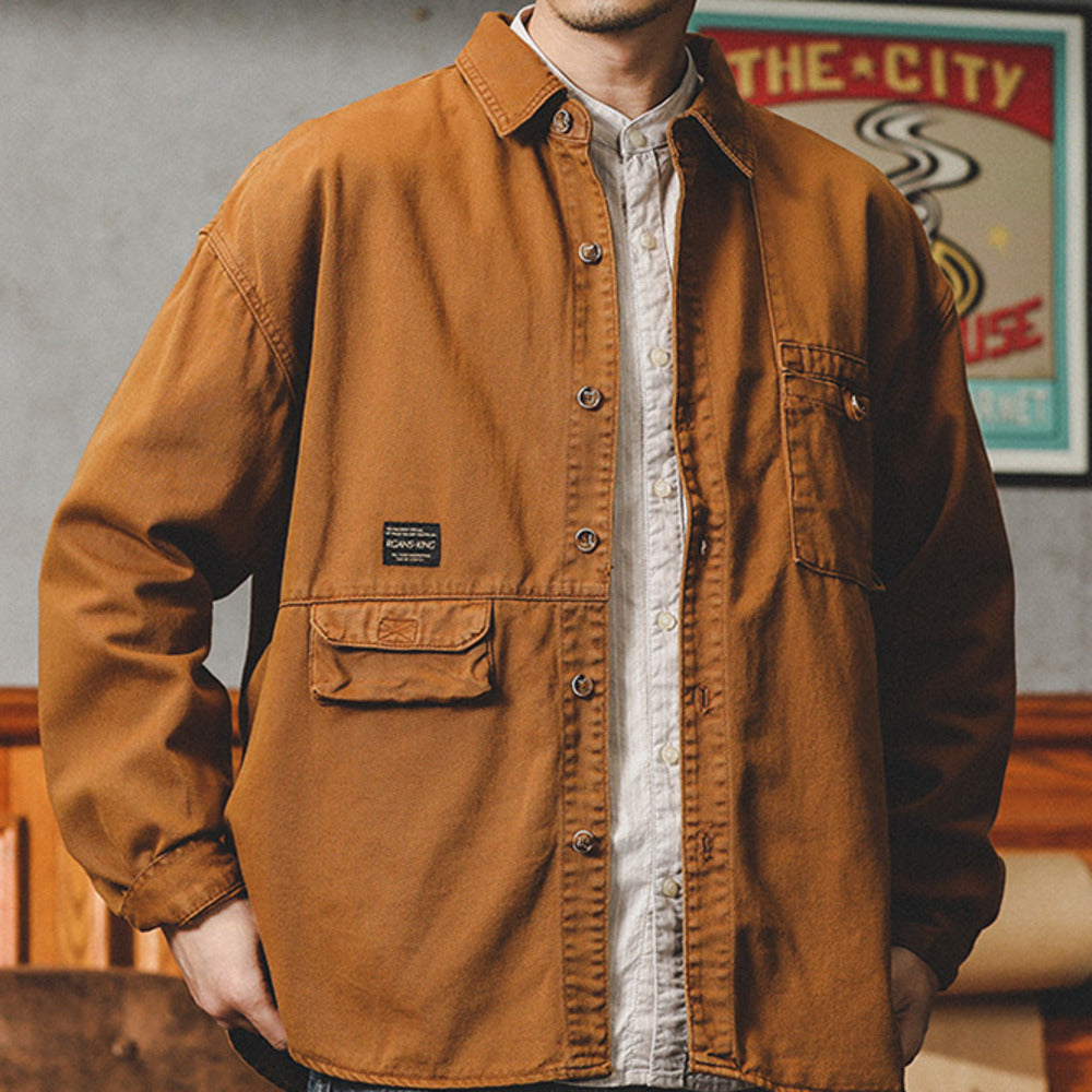 美式復古牛仔襯衫男長袖春季寬松休閑廓形工裝襯衣男寸衫外套
