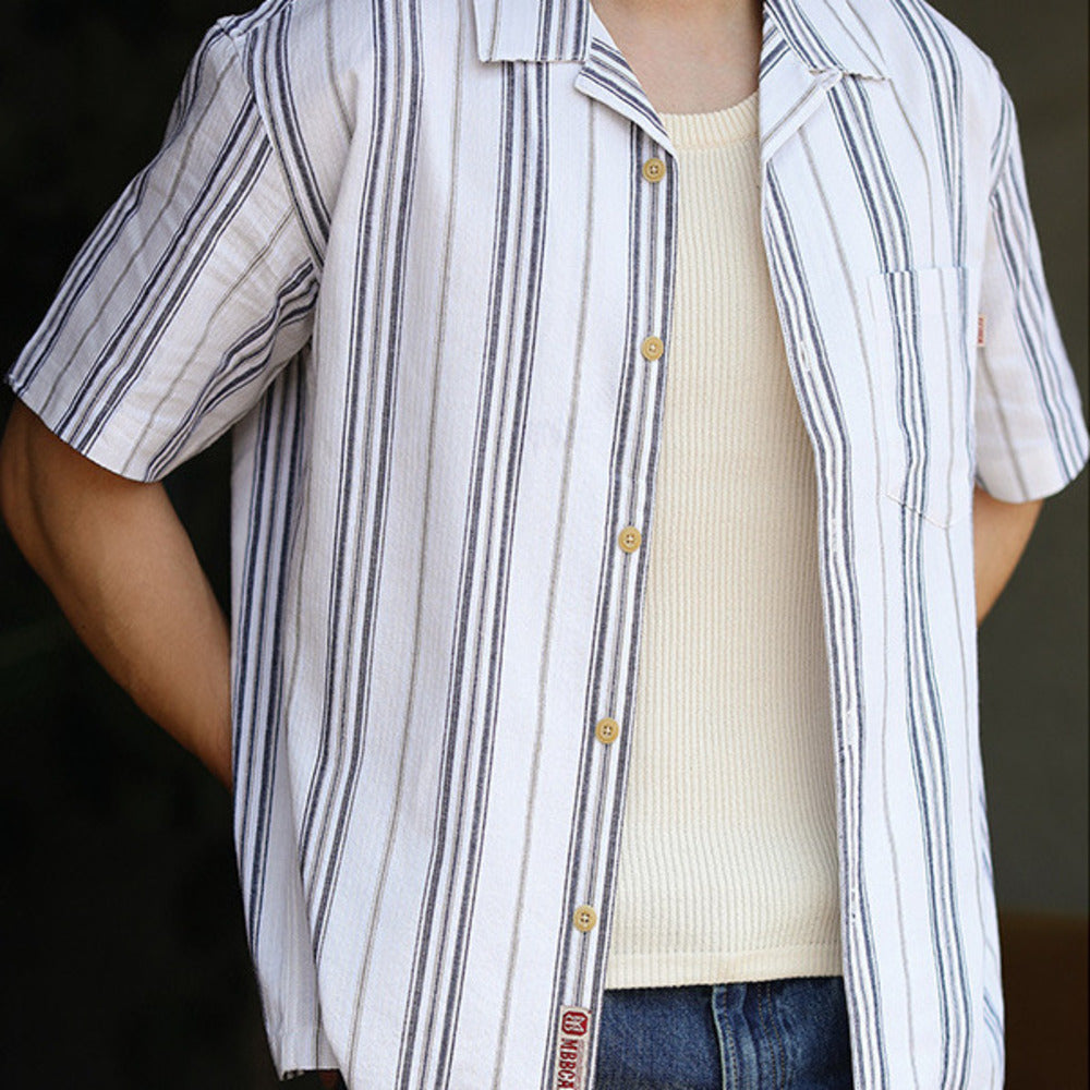 高端夏日清爽條紋古巴領短袖襯衫美式休閑夏威夷襯衣男