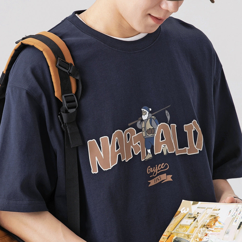 250G雙紗夏季美式復古印花短袖T恤男純棉圓領寬松休閑半袖體恤衫