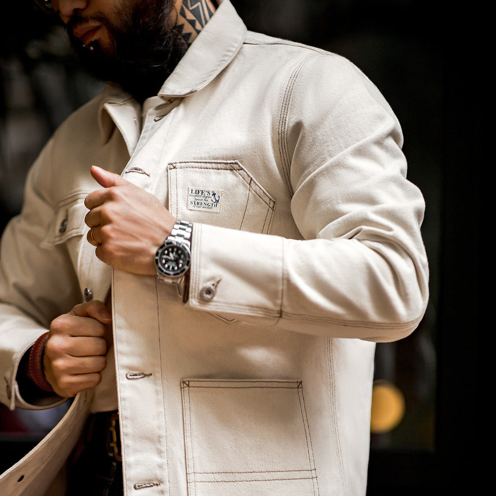 美式復古棉籽殼翻領夾克阿美咔叽多口袋上衣外套男秋