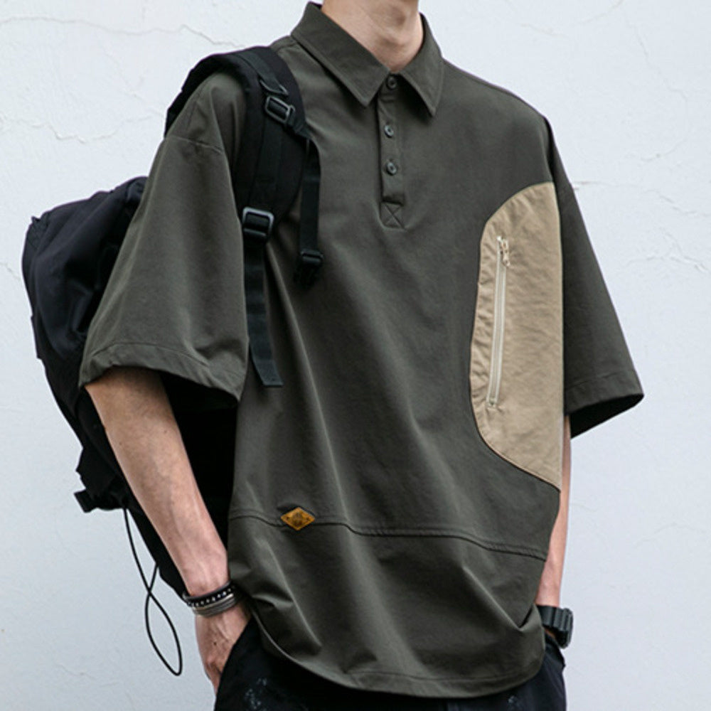 復合拼色短袖襯衫男夏季新款口袋拉鏈寬松套頭襯衣體恤