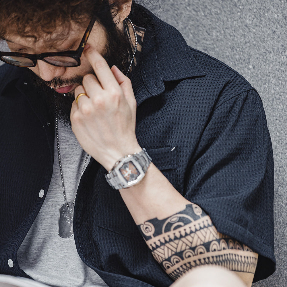 美式休閑華夫格短袖襯衫免燙抗皺肌理感透氣襯衣