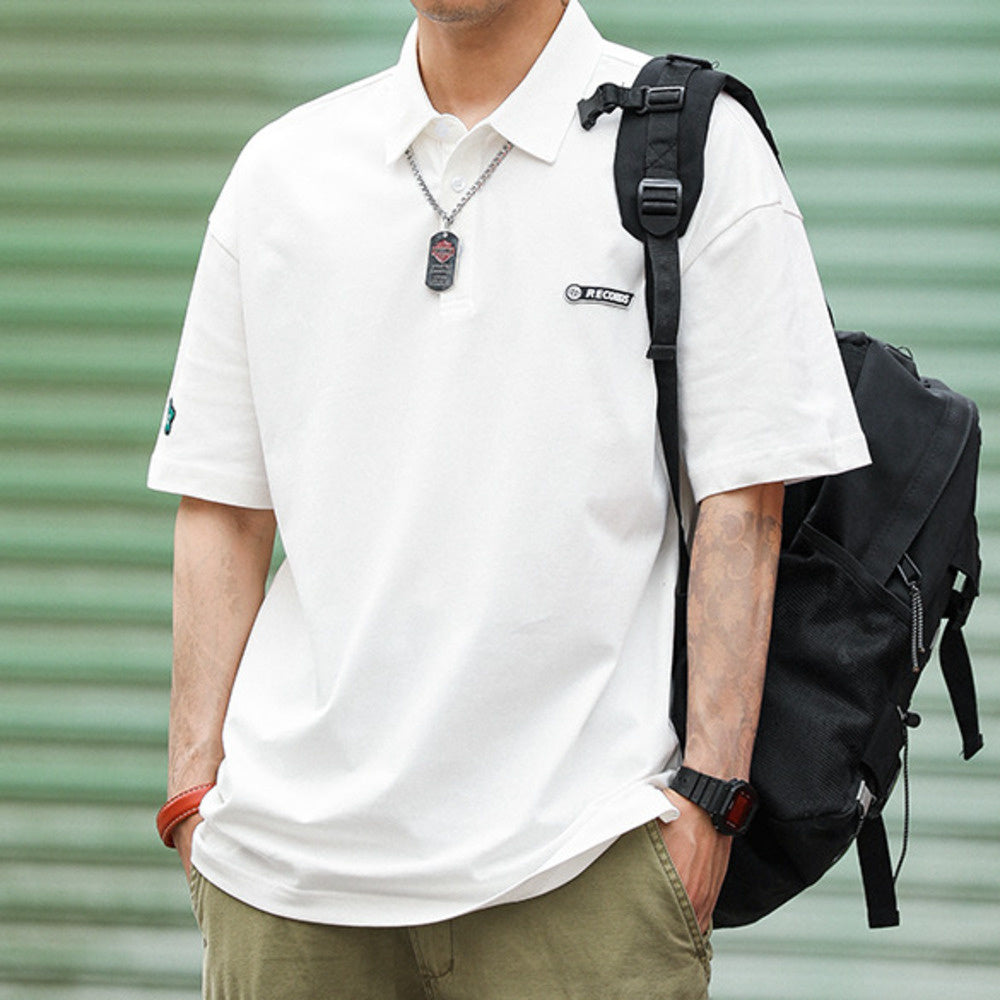 復古POLO領潮牌休閑短袖T恤男寬松設計感純棉半袖打底衫