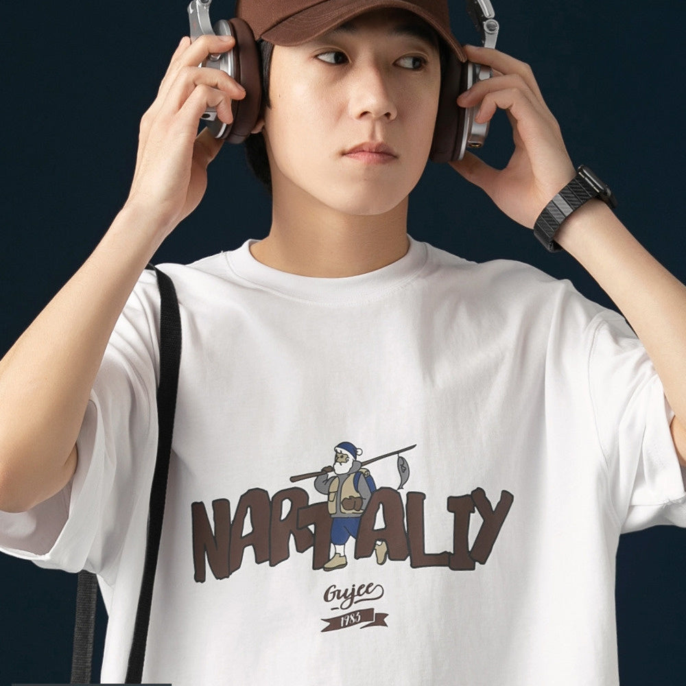 250G雙紗夏季美式復古印花短袖T恤男純棉圓領寬松休閑半袖體恤衫