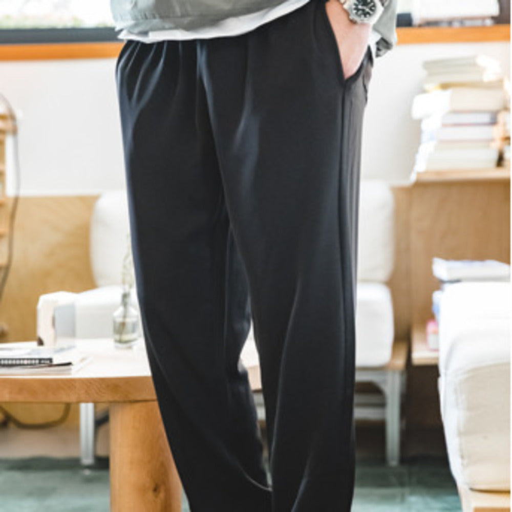 卡其垂墜感休閑褲抗皺免燙松緊腰直筒西裝長褲