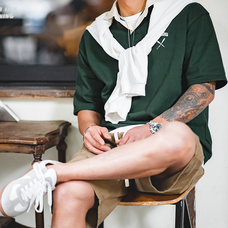 美式復古撞色polo衫短袖寬松刺繡學院風翻領半袖t恤