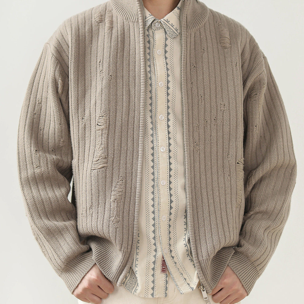 針織開衫破洞提花復古cleanfit休閑毛衣外套