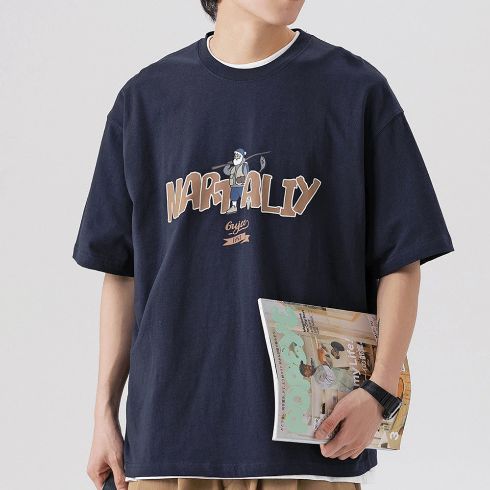 250G雙紗夏季美式復古印花短袖T恤男純棉圓領寬松休閑半袖體恤衫