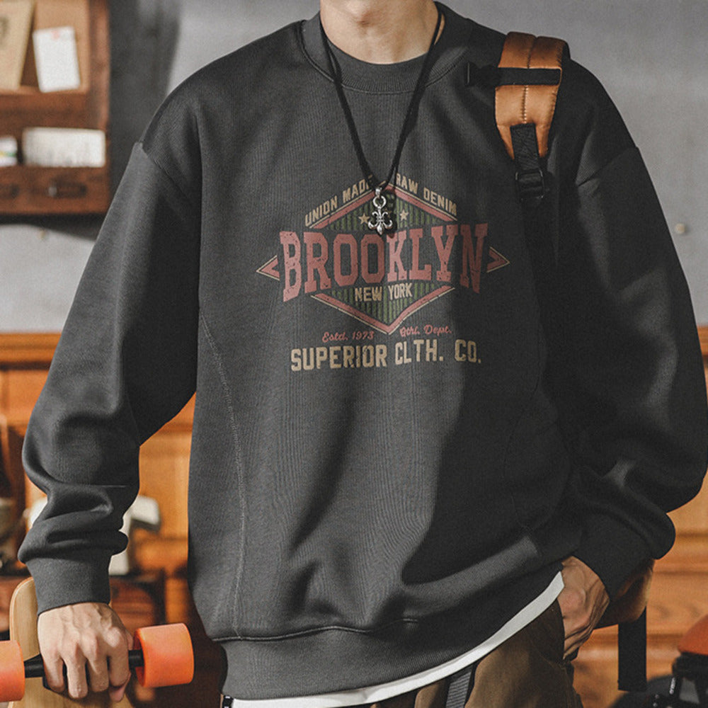 美式復古圓領衛衣男春秋季新款潮牌寬松大碼休閑套頭外套