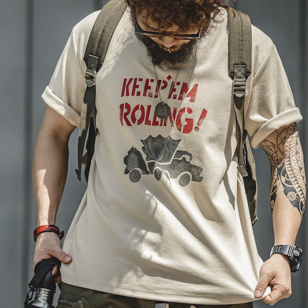 美式復古塗鴉字母印花短袖T恤混紡圓領杏色小眾Tee男夏