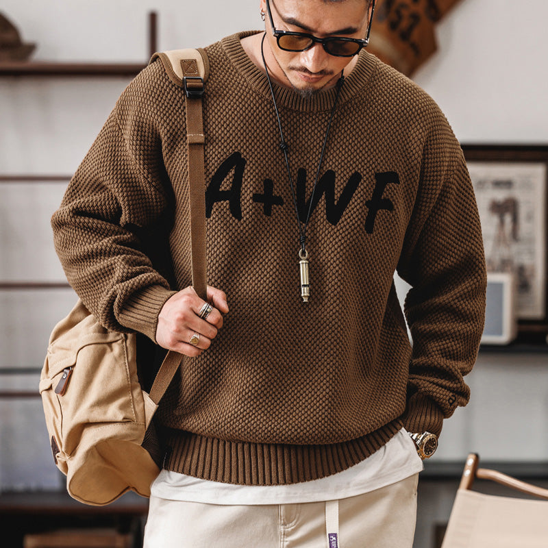 美式復古冬季潮牌字母針織衫男士寬松保暖線衣