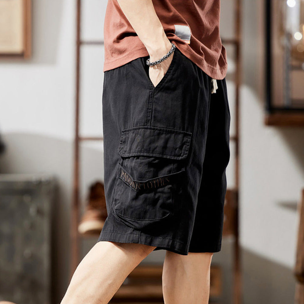 夏季男士口袋大碼休閑抽繩中褲美式純棉五分褲