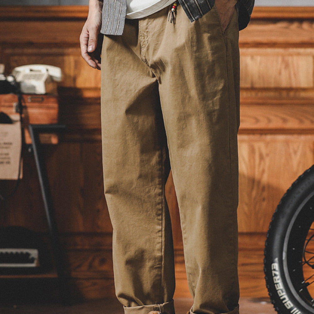 美式復古卡其色工裝褲男春秋款潮牌大碼寬松直筒休閑九分褲子