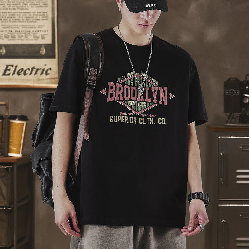 美式復古t恤短袖男夏季大碼純棉上衣字母印花260g半袖衫