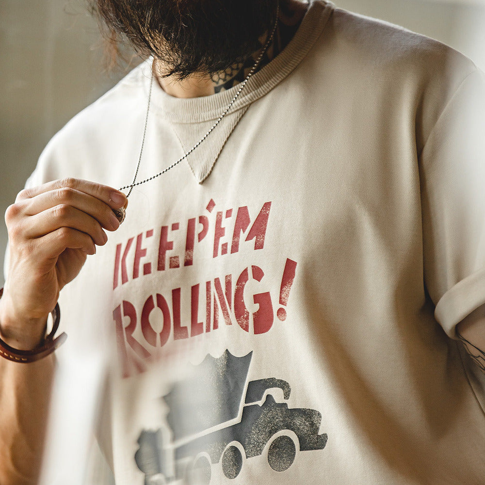 美式復古塗鴉字母印花短袖T恤混紡圓領杏色小眾Tee男夏