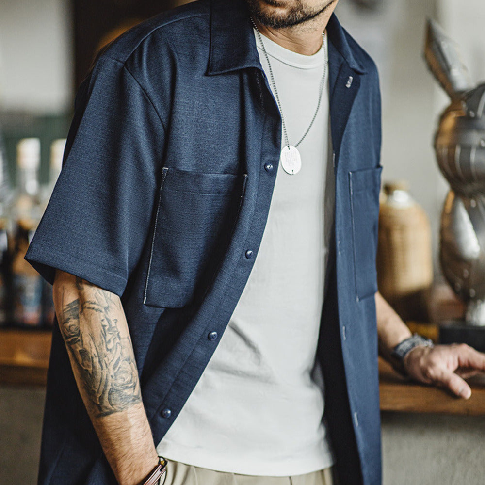 美式休閑oversize垂感免燙襯衫肌理感廓形短袖襯衣男夏季