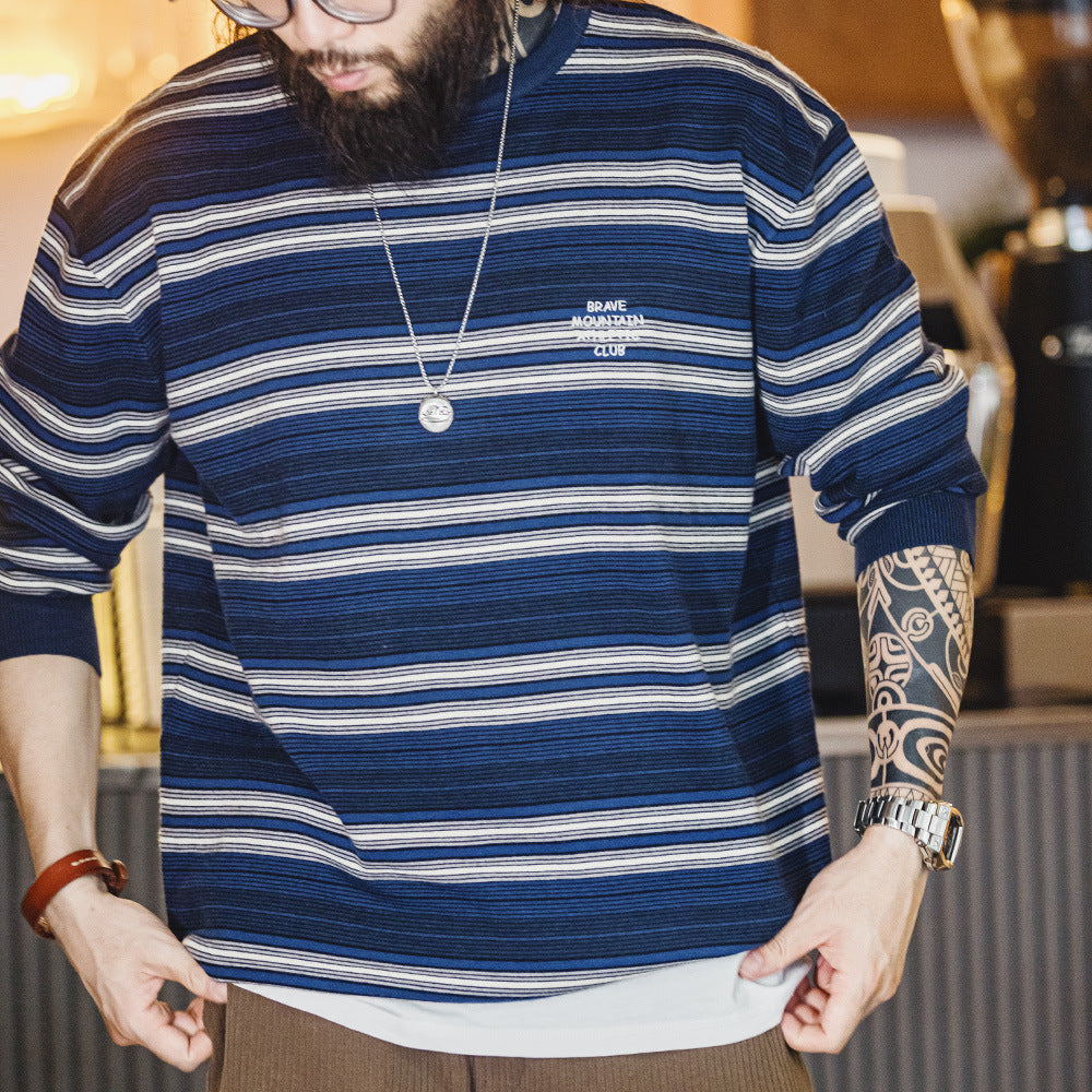 美式休閑撞色條紋長袖T恤Cityboy混紡圓領落肩針織衫