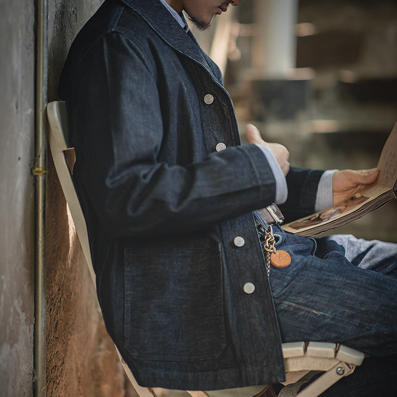 美式休閑水洗丹寧夾克阿美咔叽vintage藍色牛仔外套