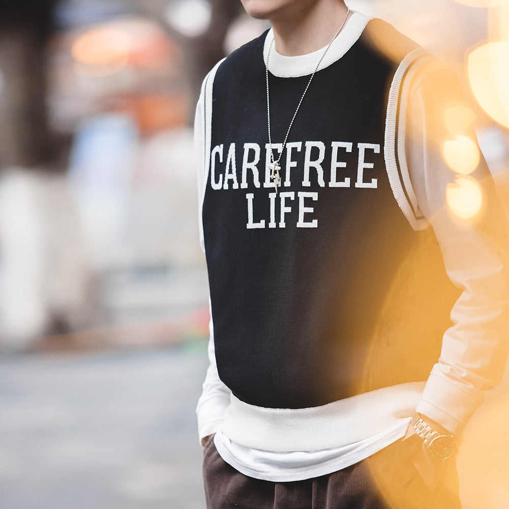 情侶學院風針織馬甲背心圓領套頭毛衣無袖疊穿上衣