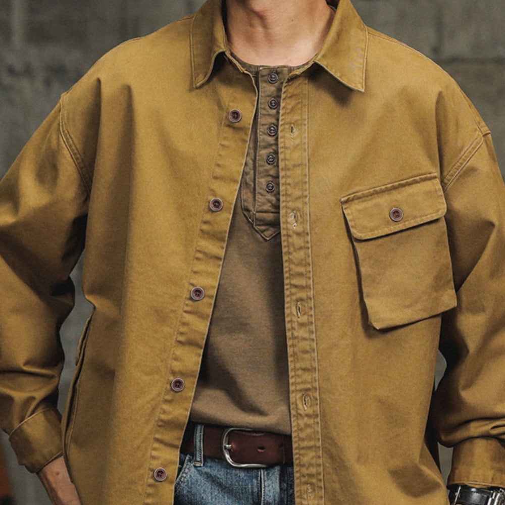 美式復古工裝襯衫外套男純棉春季長袖寸衫寬松休閑廓形襯衣