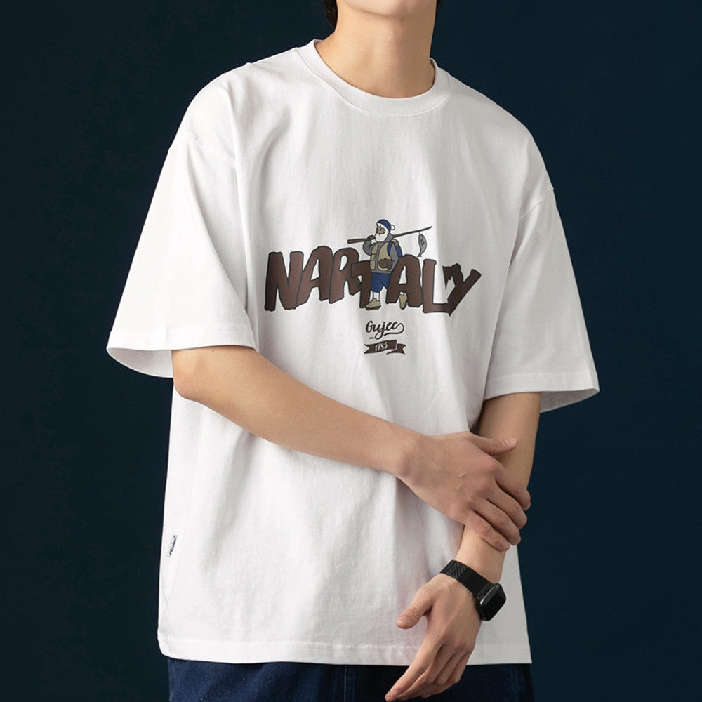 250G雙紗夏季美式復古印花短袖T恤男純棉圓領寬松休閑半袖體恤衫