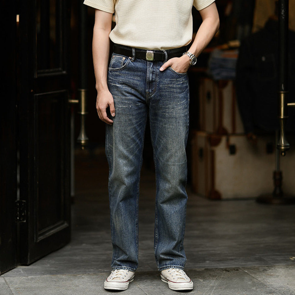 高端復古工藝水洗寬松直筒牛阿美咔叽赤耳丹寧長褲