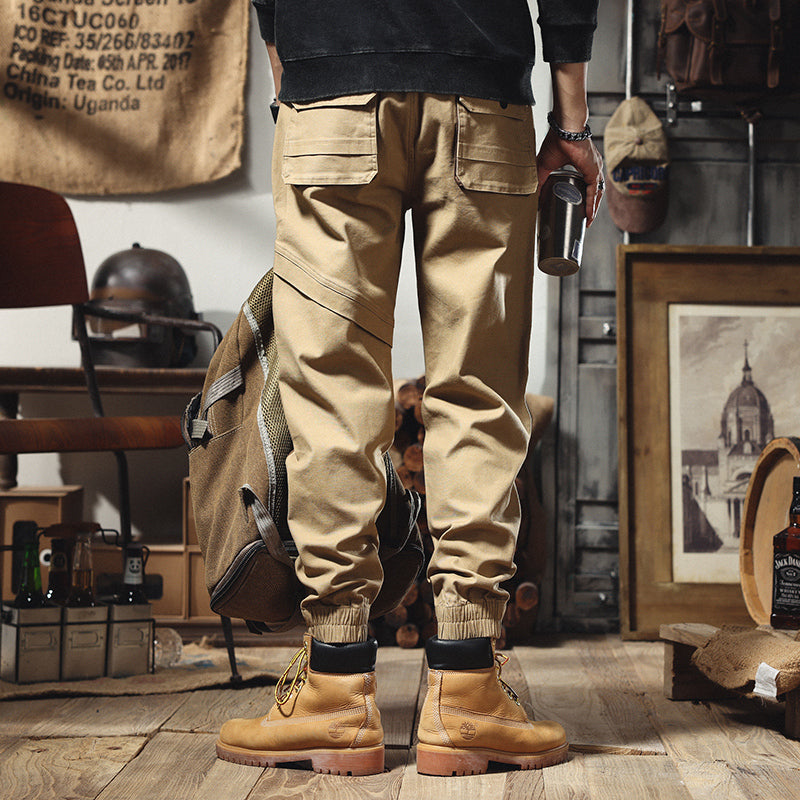 美式工裝褲男春季復古哈倫褲男士軍事風拼接褲