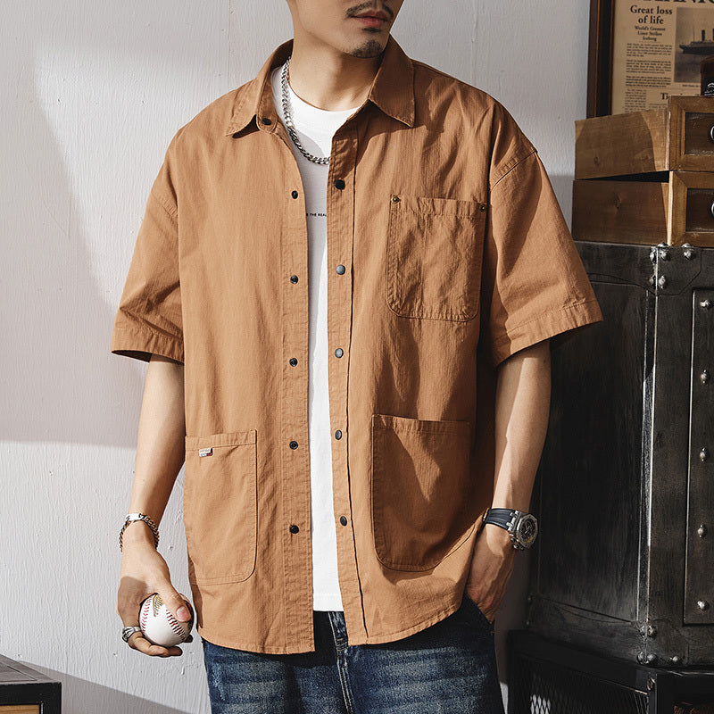 夏季戶外通勤半袖襯衣美式山系休閑大碼工裝上衣