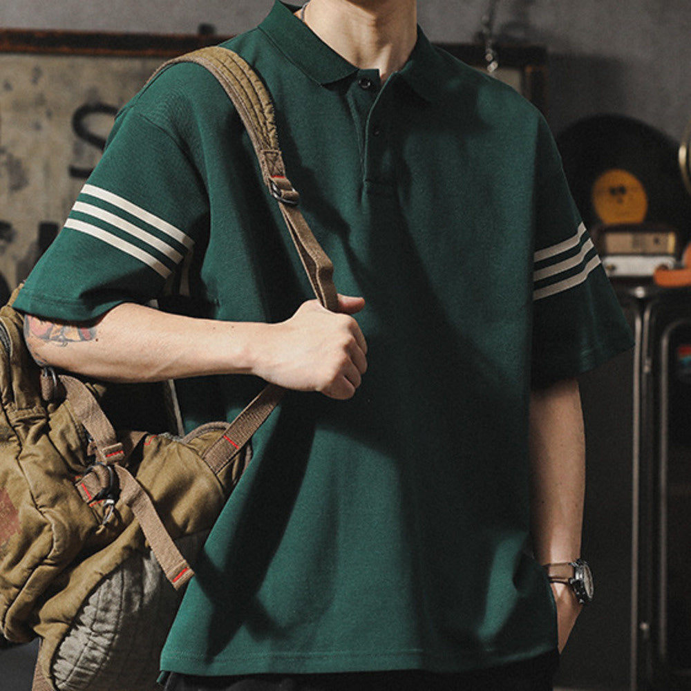 美式復古polo衫男短袖寬松字母印花學院風翻領半袖t恤男夏季新款