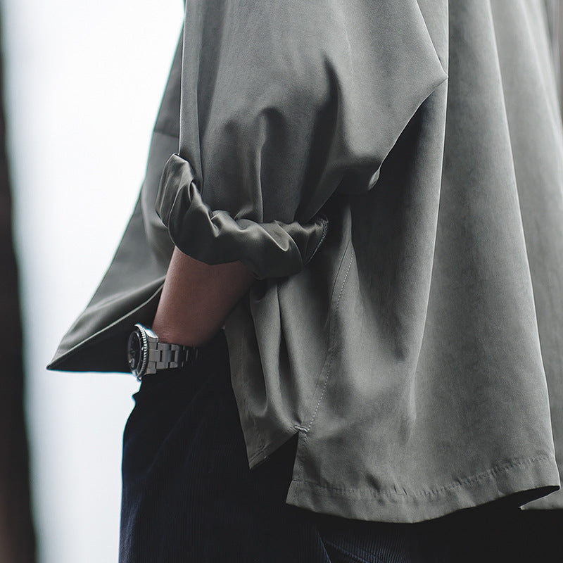 法式復古長袖古巴領薄襯衫那不勒斯襯衣桃皮絨