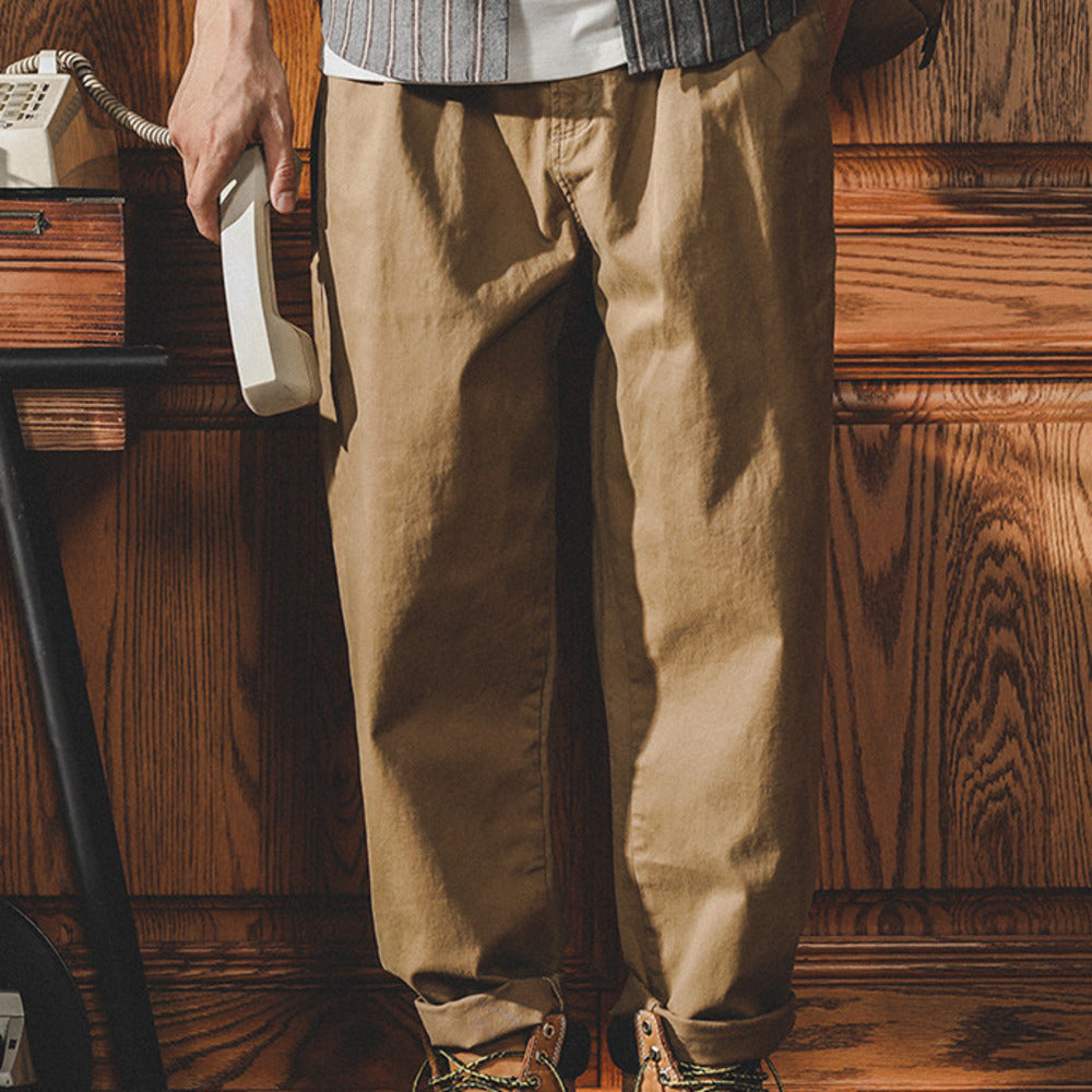 美式復古卡其色工裝褲男春秋款潮牌大碼寬松直筒休閑九分褲子